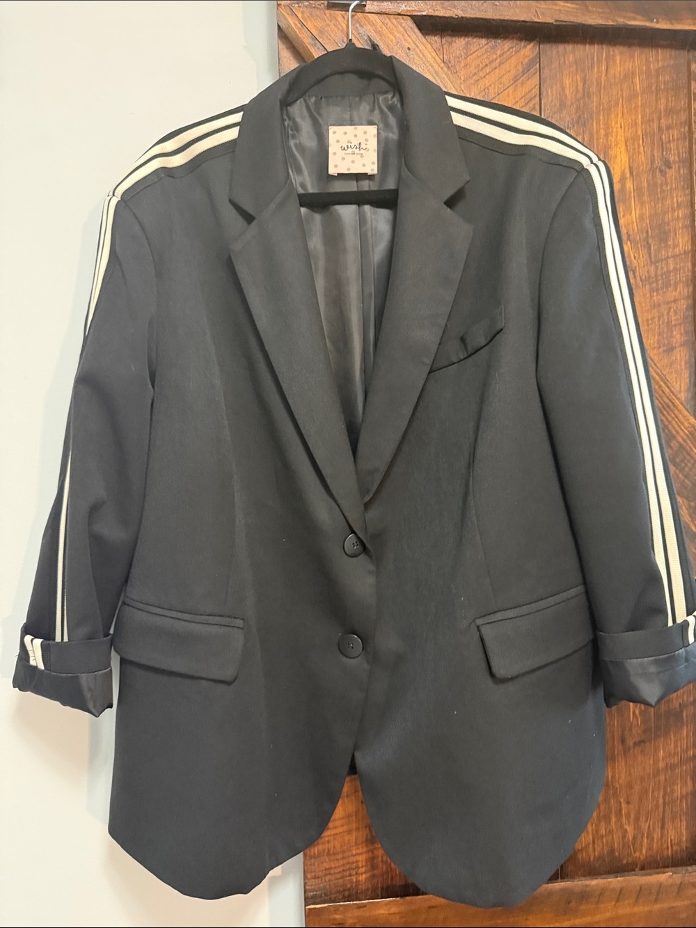 Black Blazer with White Stripe Sleeve Detail - Women's Tailored Jacket